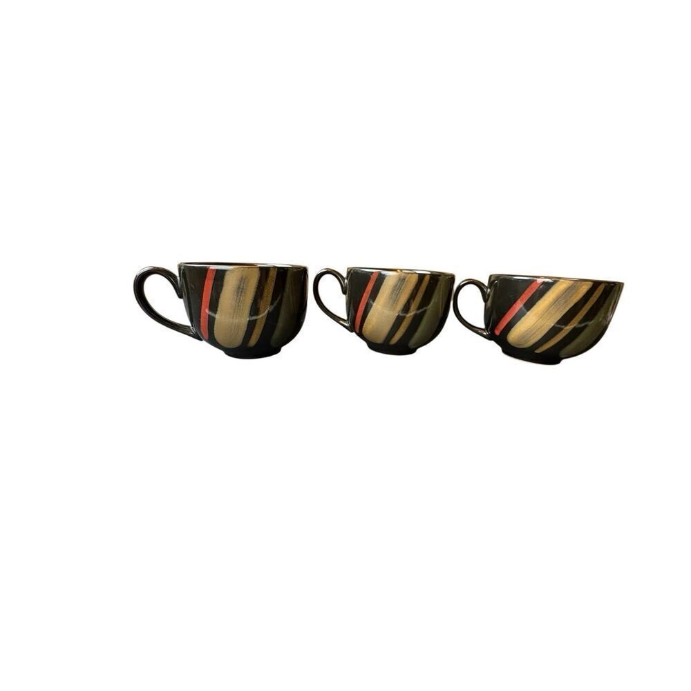 Sango Nova Black 4932 Soup Cups Lot of 3 Handles Black Red Gold Stoneware